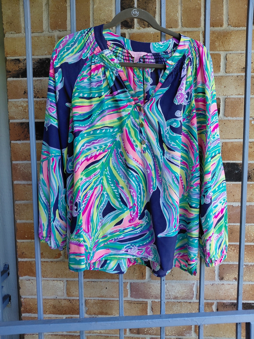 Lilly Pulitzer Navy Multi-Color Printed Peasant Top#(C32)